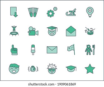 International World Day of Children's Inventions Set Line Vector Icon. Contains such Icons as Toothbrush astronauts, Trampoline, Flippers, Frozen juice, earmuffs. Editable Stroke. 32x32 Pixel Perfect