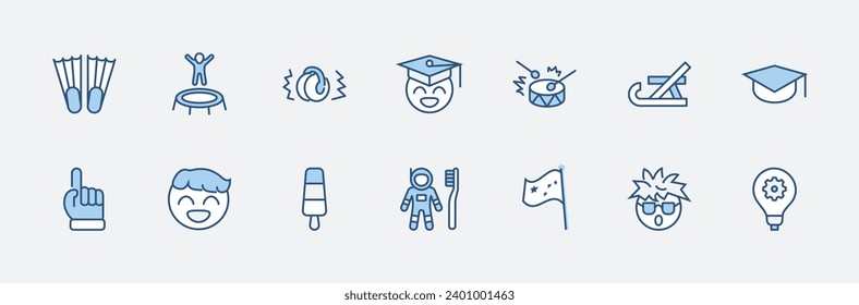 International World Day of Children's Inventions Set Line Vector Icon. Contains such Icons as Toothbrush astronauts, Trampoline, Flippers, Frozen juice, earmuffs. Editable Stroke. 32x32 Pixel Perfect