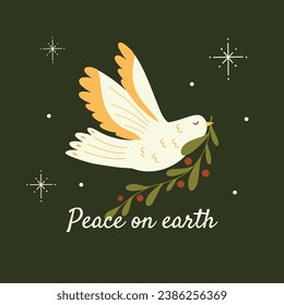 International world day of peace hand drawn vector illustration with flying white dove, bird, branch, mistletoe, plant, flower, stop no war, postcard, Peace on earth, Christmas greeting card design