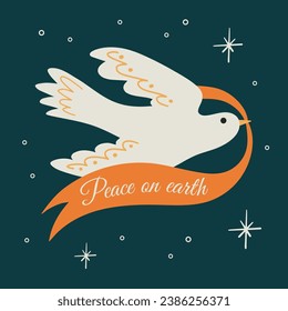 International world day of peace hand drawn vector illustration with flying white dove, bird, branch, mistletoe, plant, flower, stop no war, postcard, Peace on earth, Christmas greeting card design