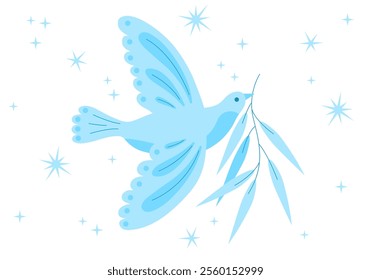 International world day of peace. symbol of peace white dove bird, mistletoe, plant, branch, non violence, no war, anti-war, human solidarity. Symbol of a dove with an olive branch. Symbol of peace