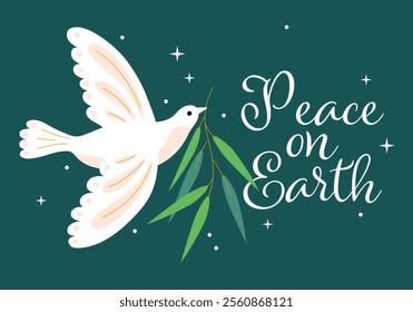 International world day of peace. Symbol of peace white dove bird, mistletoe, plant, branch, non violence, no war, anti-war, human solidarity