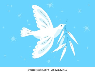 International world day of peace. symbol of peace white dove bird, mistletoe, plant, branch, non violence, no war, anti-war, human solidarity. Symbol of a dove with an olive branch. Symbol of peace