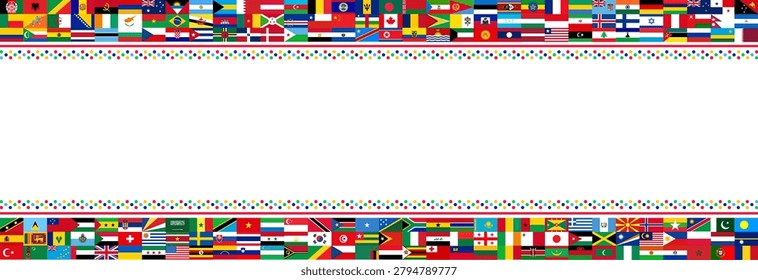 International World Flags Border Banner design. Decorative Multi-Country Flag Header and Footer with Dotted Patterns and Blank White Copyspace Center Graphic Layout View