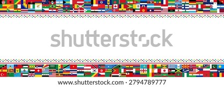 International World Flags Border Banner design. Decorative Multi-Country Flag Header and Footer with Dotted Patterns and Blank White Copyspace Center Graphic Layout View