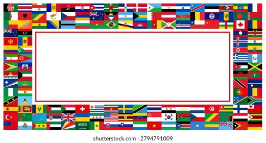 International World Flags Full Frame Border. Decorative Multi-Country Flag Pattern Rectangular Frame with Blank White Copyspace Center Graphic Layout View