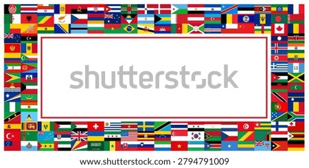 International World Flags Full Frame Border. Decorative Multi-Country Flag Pattern Rectangular Frame with Blank White Copyspace Center Graphic Layout View
