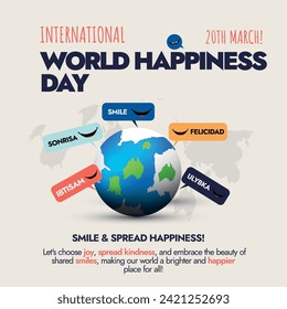 International World Happiness day. 20th March International World happiness day celebration banner with an earth globe and speech bubbles of word smile in different languages smile, sonrisa, felicidad