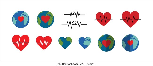 International world health day. Planet Earth in form of heart. Love for Earth planet. Healthy lifestyle, healthcare set, health protection and global medicine. Red heart with pulse line, heartbeat. 