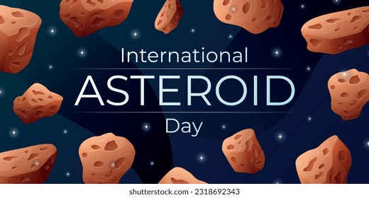 International world holiday Asteroid Day. Space background banner of the night starry sky with flying stone meteorites.