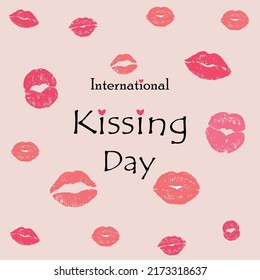 International  World Kissing Day Holiday. Cute Lettering With  Pink Lipstick Kiss And Hearts On Pink Background. Template For Poster, Banner, Sticker.