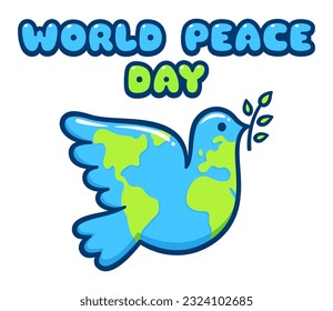 International World Peace Day. Dove of peace with planet Earth, banner design. Cute cartoon vector illustration.