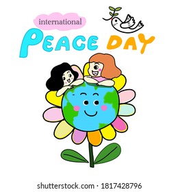 international world peace day with two happy girls from different nation hugging the smiling flower world with the dove symbol of peace hand drawn cartoon vector