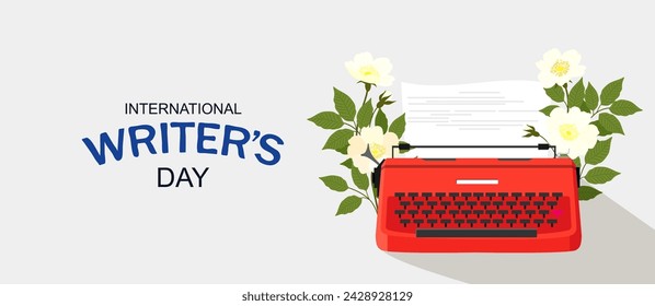 International Writer's Day. Writer's Day. Red typewriter with flowers. Writer's Day banner. Vector flat illustration.