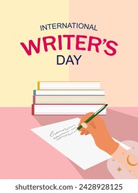 International Writers Day. Template for background, banner, card, poster with pen in hand. Vector illustration.