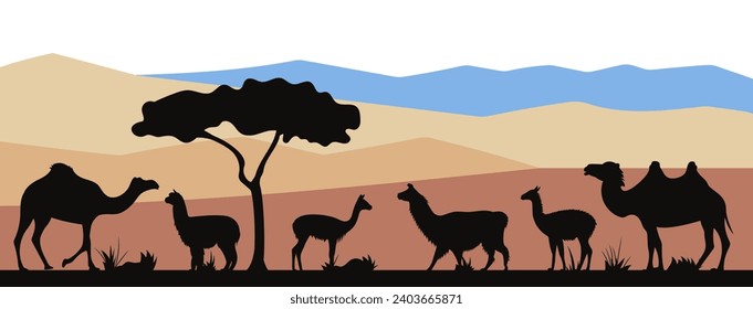 International Year of Camelids. Landscape with bactrian camel, alpaca, dromedary, guanaco, llama, vicuña silhouettes. Horizontal banner