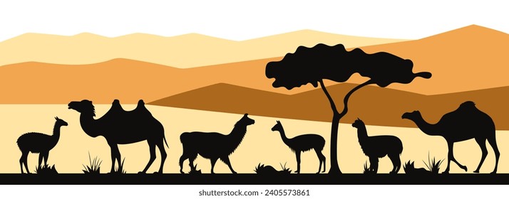 International Year of Camelids. Landscape with bactrian camel, alpaca, dromedary, guanaco, llama, vicuña silhouettes. Horizontal banner. Vector illustration.