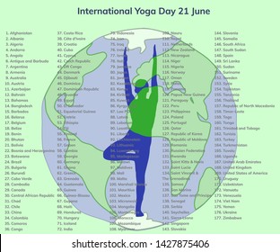 International Yoga Day 21 June for the world with a earth and a silhouette tree pose on a background with the 177 countries who co-sponsored the UN resolution 