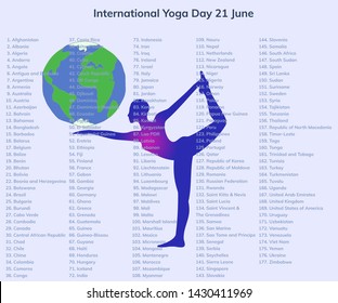 International Yoga Day 21 June for the world with an earth and a shiva dance pose on a background with the 177 countries who co-sponsored the UN resolution 