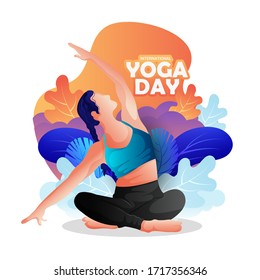 International Yoga Day 21 june with illustration of beautiful woman doing yoga. 