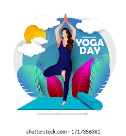 International Yoga Day 21 june with illustration of beautiful woman doing yoga. 