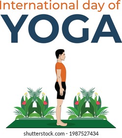 International Yoga Day, 21 June 
yoga body pose, human silhouette, and sun rays, vector illustration - Vector Surya Namaskar Step 1