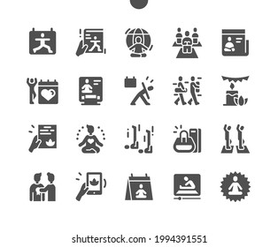 International Yoga Day 21 June. Yoga master class. Calendar. Twenty first of june. Relax. Bag and mat. Fitness, relaxation, meditation, exercise, health. Vector Solid Icons. Simple Pictogram