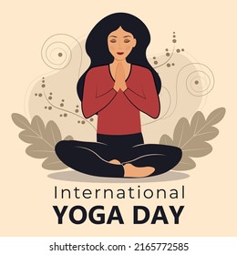 International Yoga Day 21 of June celebration poster. Woman meditating practicing vector illustration