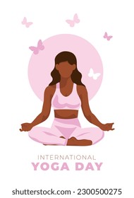 International yoga day 21 June banner or poster with woman in lotus position. Faceless vector illustration. EPS 10