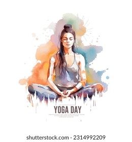 International Yoga Day. 21 June yoga day banner or poster with woman in lotus pose