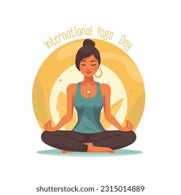 International Yoga Day. 21 June yoga day banner or poster with woman in lotus pose