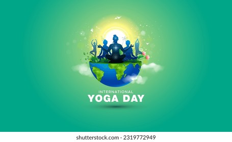 International yoga day 21 June, concept design. Group of people relaxing and doing yoga. 3D illustration of half world globe.