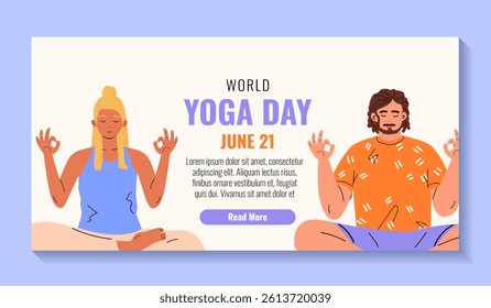 International Yoga Day. 21 June yoga day banner, poster and social media design vector illustration. Concept illustration for healthy lifestyle, yoga, meditation, relax, recreation.