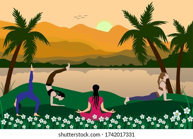 International Yoga Day 21st June a theme people doing yoga in a mountainous region