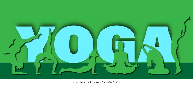 International Yoga Day 21st June vector illustration a group of people doing yoga and meditation on different levels of plane in silhouette and realistic forms papercut style