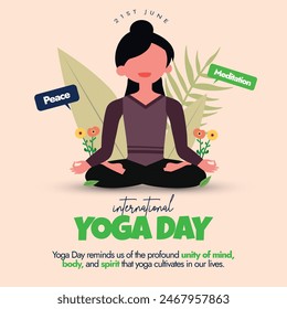 International Yoga day 21st June celebration banner. Yoga day banner, post with a girl sitting in sukhasana pose with peace. 2024 theme for this day is Yoga For Women Empowerment. 