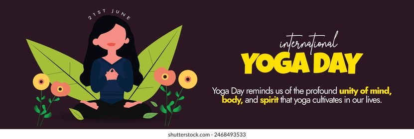 International Yoga day 21st June cover banner, social media post. Yoga day celebration banner with a girl doing Padmasana, sukhasana pose in open air. The theme for 2024 is Yoga for Women Empowerment.