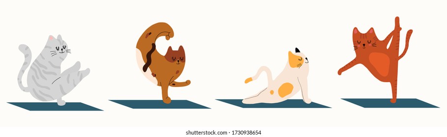 International Yoga Day 21st of June.Colorful flat vector hand drawn illustartion.Set of a  cat doing yoga. Grey,Brown,White and Red color.Yoga Exercise,Asanas,Stretching.