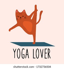 Día Internacional del Yoga, 21 de junio. Colorida ilusión dibujada a mano por un vector plano. Gato rojo haciendo yoga. Ejercicio De Yoga, Asanas, Stretching. Amante del yoga.