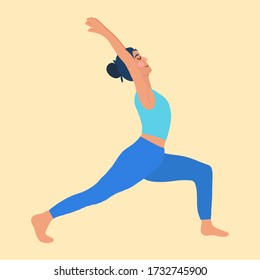 International Yoga Day 21st of June.Colorful flat vector hand drawn illustartion.Girl doing yoga.Yoga Exercise,Asanas,Stretching.Warrior pose,virabhadrasana.