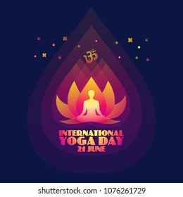 International Yoga Day. Abstract shiny pink lotus flower and man silhouette in lotus pose. Holiday background. Vector illustration.