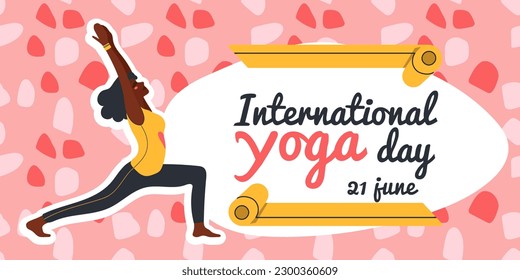 International Yoga Day. African american woman doing yoga exercises. Flat vector illustration