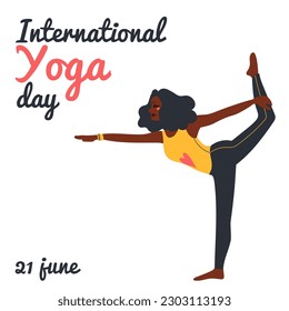 International Yoga Day. African american woman doing yoga exercises. Flat vector illustration