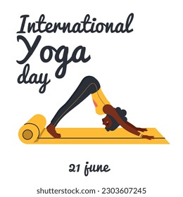 International Yoga Day. African american woman doing yoga exercises. Flat vector illustration