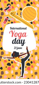 International Yoga Day. African american woman doing yoga exercises. Flat vector illustration. Vertical banners and wallpaper for social media stories.