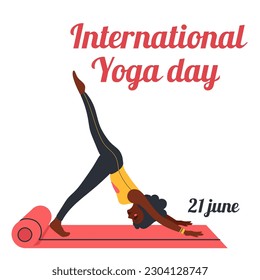 International Yoga Day. African american woman doing yoga exercises. Flat vector illustration