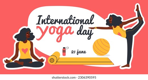 International Yoga Day. African american woman doing yoga exercises. Flat vector illustration