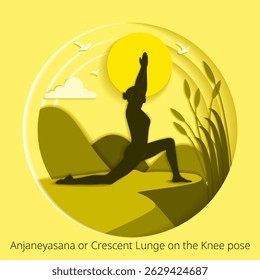 International Yoga Day. Anjaneyasana pose. Crescent Lunge on the Knee pose. Paper cut design. Isolated vector illustration.