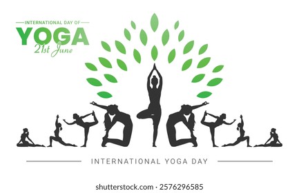 International Yoga Day Background with Yoga Poses and Green Leaf Motif, Perfect for Banner, Poster, and Templates for June 21st Celebrations