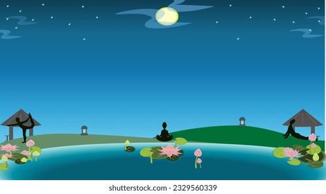 International Yoga Day background, Silhouette of people practice yoga in the night at lotus pond-Lord Shiva's Pose,Easy pose,Cobra Pose